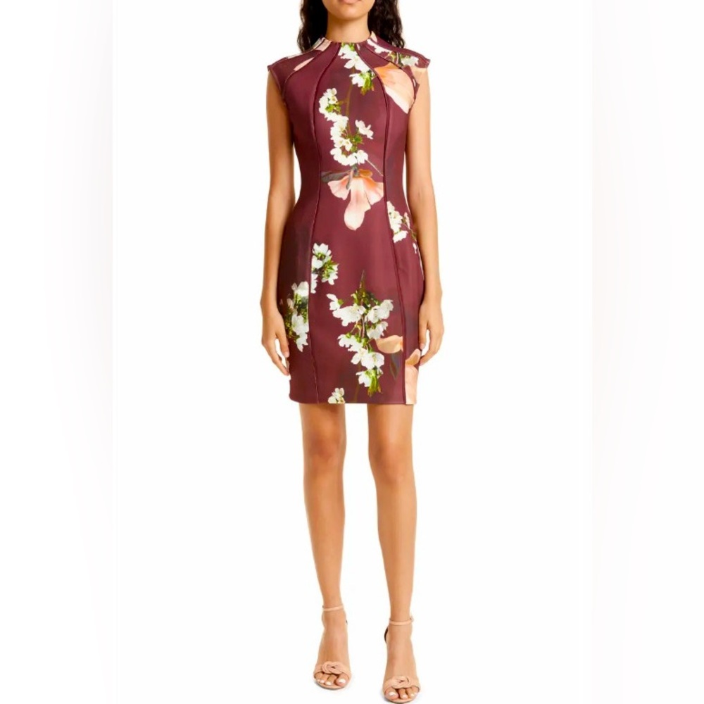 NWT Ted Baker London Zassha Burgundy Floral Print Bodycon Zip Back Dress